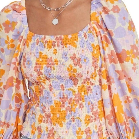 Free People Tops - Free People Size Large Floral Smocked Top Cotton Balloon Sleeve Orange Blue Pink